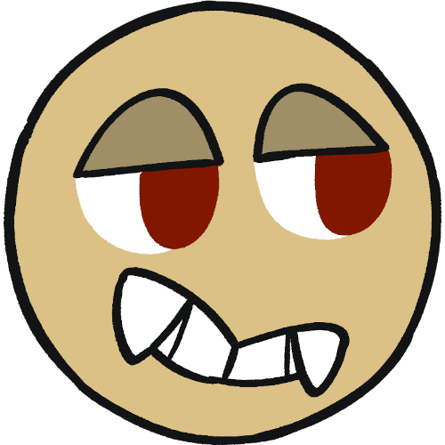 a desaturated emoji yellow round face that is smiling. it has red eyes and the teeth are fangs.